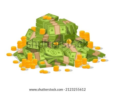 Cartoon money cash pile, dollar bill stack. Pile of green bills, stacks of banknotes vector illustration. Huge pile of golden coins and cash. Winning jackpot, doing business, becoming rich