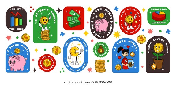 Cartoon money. Coin stickers. Finance invest or save dollars. Funny pig labels. Comic piggy bank. Characters with smiling faces. Retro emoticon. Cash growth infographic. Vector abstract tidy signs set