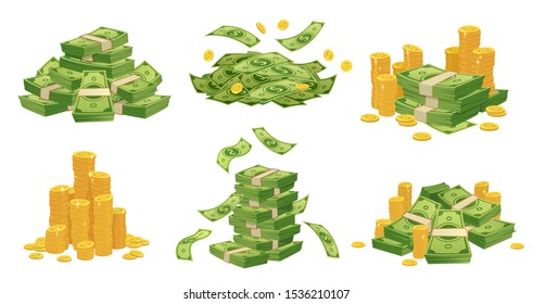 Cartoon money and coins. Green dollar banknotes pile, golden coin and rich. Bank debt bill investment, earnings treasure or jackpot money capital. Isolated vector illustration icons set - Shutterstock ID 1536210107