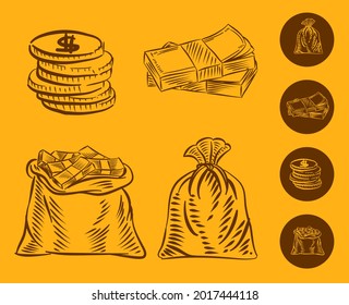 Cartoon money and coins. Green dollar banknotes pile, golden coin and rich. Bank debt bill investment, earnings treasure or jackpot money capital. Isolated vector illustration icons set