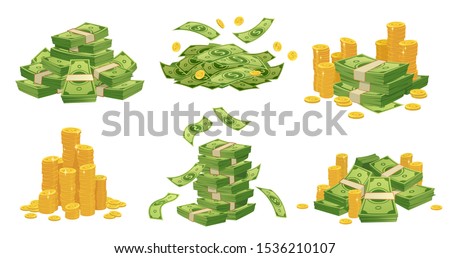 Cartoon money and coins. Green dollar banknotes pile, golden coin and rich. Bank debt bill investment, earnings treasure or jackpot money capital. Isolated vector illustration icons set