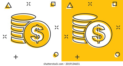 Cartoon money coins icon in comic style. Dollar coin sign illustration pictogram. Currency business concept.