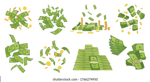 Cartoon money collection. Green banknote and gold coins cartoon vector illustration. Flying and rolls bills, stacks of coins. Dollar rain