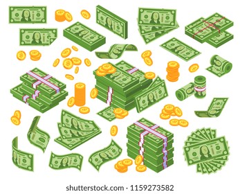 Cartoon money. Dollar bills banknotes stack, pile of dollars and banknote heap abundance bundle. Cash bill green investment moneys piles for commercial banking vector illustration isolated icon set