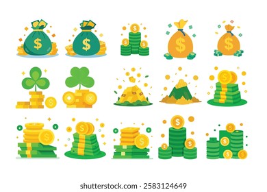 Cartoon money Dollar Stack Paper Banknotes and Gold Coins, Green dollar banknotes pile, golden coin and rich, iggy bank, banknote packs, wallet with dollar bills
Isolated vector illustration icons 