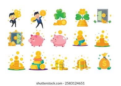 Cartoon money Dollar Stack Paper Banknotes and Gold Coins, Green dollar banknotes pile, golden coin and rich, iggy bank, banknote packs, wallet with dollar bills
Isolated vector illustration icons 