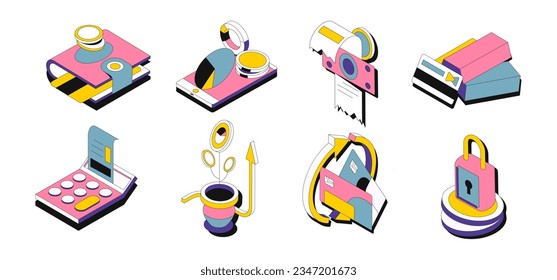Cartoon money and finance elements. Business icons, arbitrage, bitcoin, charts. Cash and dollars stickers. bank and credit