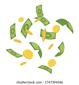 Cartoon money. Green banknote and gold coins cartoon vector illustration. Flying and rolls bills, lot of coins. Dollar rain