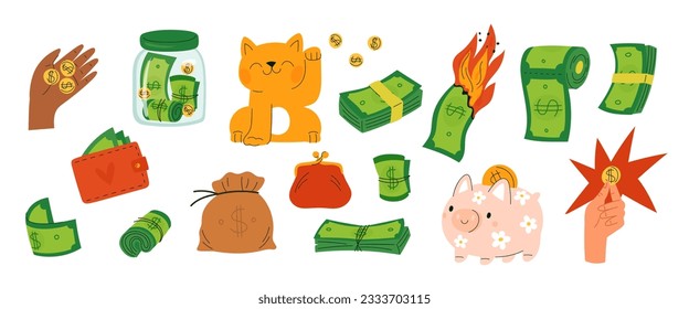 Cartoon money. Green banknotes and golden coins. Currency paper. Dollars and cents. Piggy bank. Wallet and maneki neko. Economy prosperity. Savings and investment. Garish