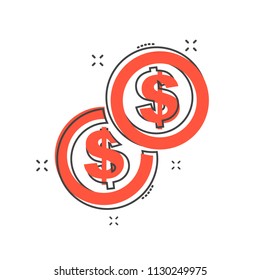 Cartoon money icon in comic style. Dollar money sign illustration pictogram. Coin splash business concept.