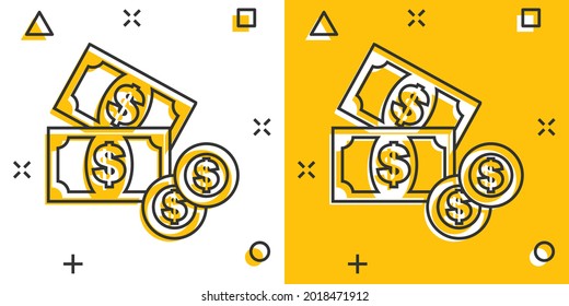 Cartoon money icon in comic style. Dollar money sign illustration pictogram. Coin splash business concept.