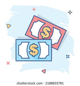 Cartoon money icon in comic style. Dollar money sign illustration pictogram. Coin splash business concept.