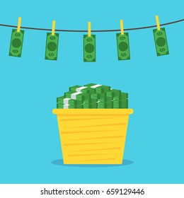 Cartoon Money Laundering on a Blue Concept Dirty Currency Banknotes Flat Design Style. Vector illustration