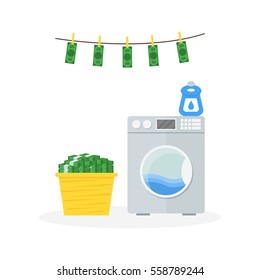 Cartoon Money Laundering in Washer Concept Dirty Currency Banknotes Flat Design Style. Vector illustration