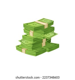 Cartoon money, pack of paper bills, cash, green banknotes heap. Vector dollars pile, deposit, salary, wealth, accumulation and inheritance of riches. Bank investment, earnings treasure or jackpot