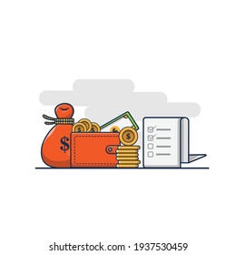 cartoon money and paper list vector illustration design. financial list design concept. flat cartoon style