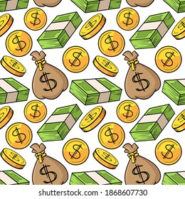 Dinero de la caricatura. Patrón vectorial sin cable.