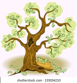 Cartoon Money Tree With A Bag Of Money. Vector Illustration.