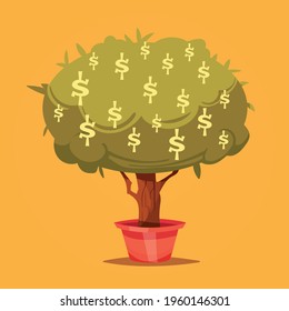 Cartoon money tree with dollars ,symbol of wealth vector illustration
