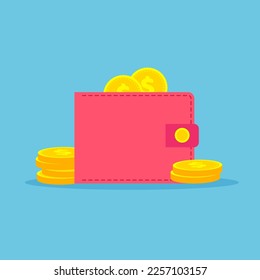 Cartoon money wallet full of golden coins. Pink bright purse icon for bank, finance, investment. Coin heap. Vector illustration isolated on white background.