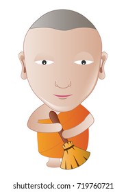 cartoon monk get cleaning,isolated,vector illustration