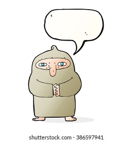 cartoon monk in robe with speech bubble