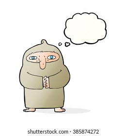 cartoon monk in robe with thought bubble