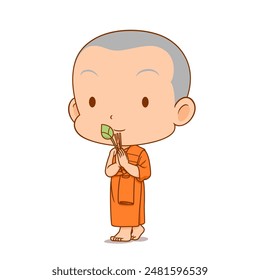 Cartoon of monk walking around the temple with candle, incense sticks and lotus flower to pay respect to the Buddha.