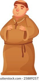 Cartoon monk wearing a brown tunic and cross necklace, praying with closed eyes and a serene smile, radiates faith and devotion, embodying spirituality and peace