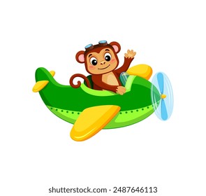 Cartoon monkey animal on plane. Isolated vector adorable baby ape in pilot goggles, cheerfully waves while piloting green and yellow plane with a propeller, evoking a sense of adventure and fun in sky