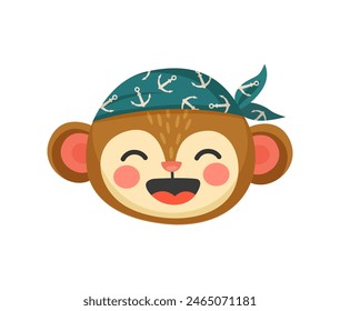 Cartoon monkey animal pirate or corsair captain and boatswain, vector character. Funny Caribbean monkey skipper in pirate bandana laughing with happy face, kids cute emoji of animal corsair sailor