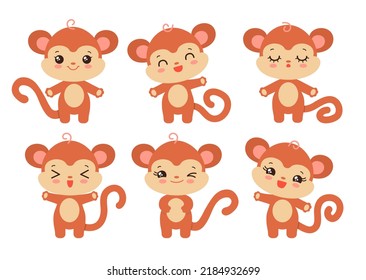 Cartoon Monkey Baby Character Set Various Emotions. Kawaii Monkey Facial Expressions - Calm, Happy, Laughing, Smiling, Waving, Winking. Baby Monkey Cute Character Chibi Style. Adorable Little Chimp.