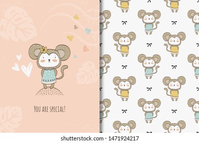 Cartoon monkey baby jungle animal character. Fanny card template and seamless background pattern. Hand drawn design vector illustration.
