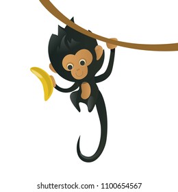 A cartoon monkey with a banana in his paw, hanging on a branch.