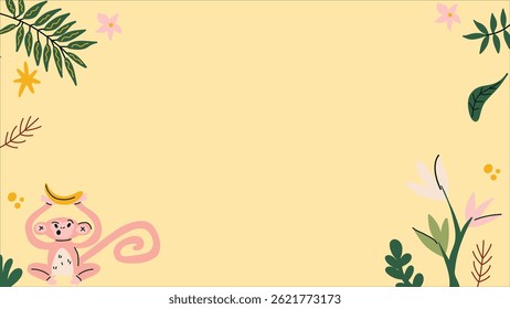 Cartoon Monkey With Banana on Colorful Jungle Themed Background