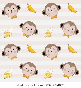 Cartoon Monkey and Banana Seamless Pattern. Design for decorating, wallpaper, wrapping paper, fabric.