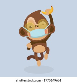 Cartoon Monkey With Banana Wearing Face Mask. Animal Illustration.