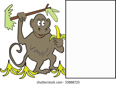 Cartoon of monkey with bananas and blank display square.