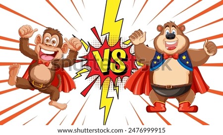 Cartoon monkey and bear in superhero costumes