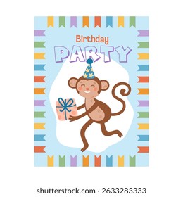 Cartoon monkey birthday party invitation template. Concept of celebration fun. Hand-drawn vector illustration in flat style.