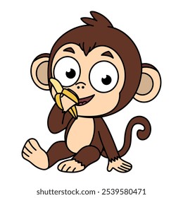 Cartoon monkey character sitting and happily eating a banana. Perfect for children’s products, educational materials, and playful designs, bringing a fun and cheerful element. Vector Image.