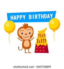 A cartoon monkey cheerfully standing with balloons and a cake made of bananas, surrounded by festive decorations to celebrate a joyful birthday occasion.