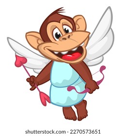 Cartoon monkey chimpanzee cupid with angel wings holding bow and arrow. St Valentine's Day vector illustration isolated on white