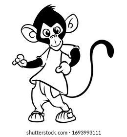 Cartoon monkey chimpanzee dancing. Vector illustration outlined. Design for coloring book