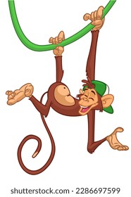 Cartoon monkey chimpanzee handing upside down on the tree branch or liana. Vector illustration of happy monkey character.