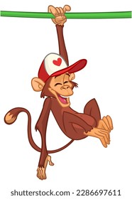 Cartoon monkey chimpanzee handing upside down on the tree branch or liana. Vector illustration of happy monkey character.