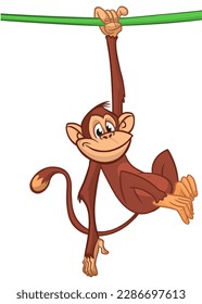 Cartoon monkey chimpanzee handing upside down on the tree branch or liana. Vector illustration of happy monkey character.