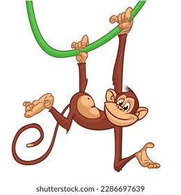 Cartoon monkey chimpanzee handing upside down on the tree branch. Vector illustration of happy monkey character.