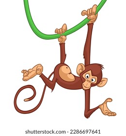 Cartoon monkey chimpanzee handing upside down on the tree branch or liana. Vector illustration of happy monkey character.