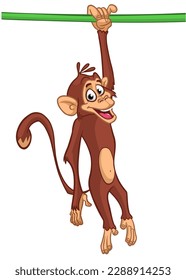 Cartoon monkey chimpanzee handing upside down on the tree branch or liana. Vector illustration of happy monkey character.